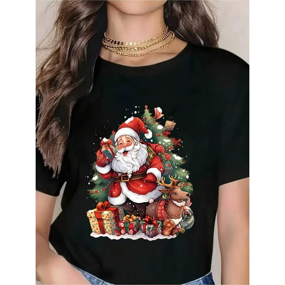 Christmas Santa Claus With Reindeer And Gifts T-Shirt For Women, Festive Holiday Christmas Tree Design, Cute Xmas Apparel For Christmas Party, Winter Seasonal Gift Wear