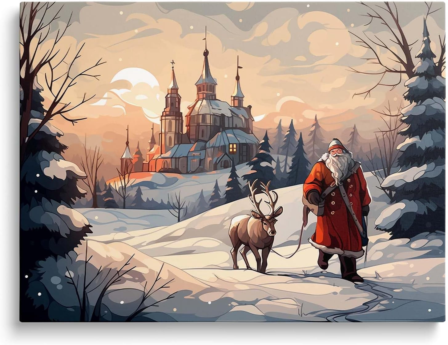 Christmas Santa Claus and Reindeer in Winter Wonderland Canvas wall art decor, Festive Wall Art for Living Room or Office, Holiday Home Decor with Scenic Snowy Landscape and Classic Santa 11X14inch