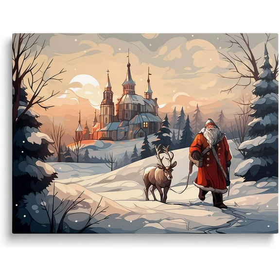 Christmas Santa Claus and Reindeer in Winter Wonderland Canvas wall art decor, Festive Wall Art for Living Room or Office, Holiday Home Decor with Scenic Snowy Landscape and Classic Santa 20X24inch