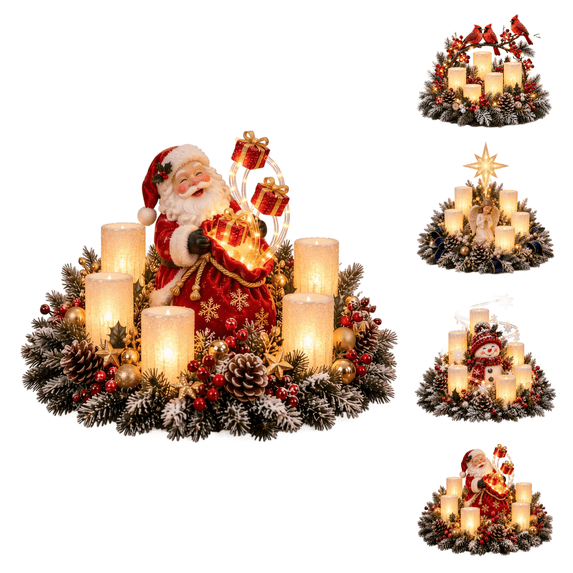 Christmas Santa Claus Resin Centerpiece with LED Flameless Candles,Lighted Frosted Pine Wreath Santa Tabletop Decor, Xmas Mantel Dining Table Holiday Decoration