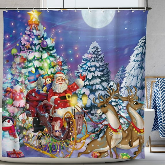 Christmas Santa Claus Shower Curtain Set Winter Merry Xmas Reindeer Snowflake Snowman Decor Durable Polyester Fabric 72"x72"