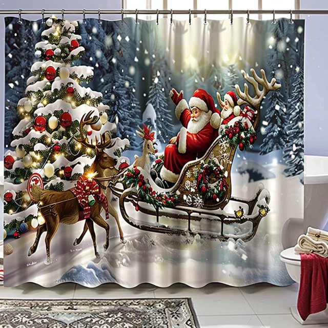 Christmas Santa Claus on Sleigh Reindeer Shower Curtain Home Decoration