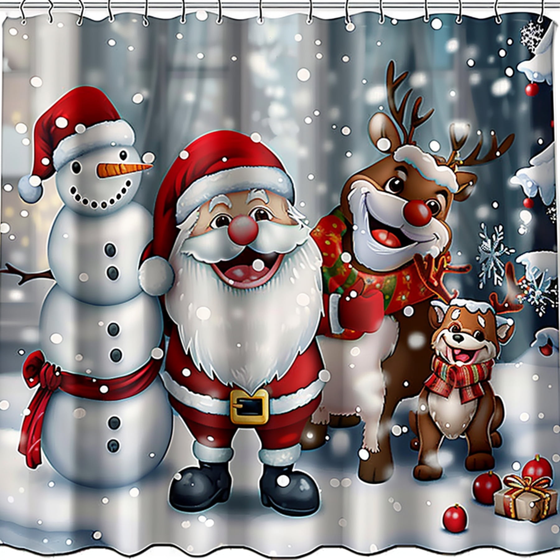 Christmas Santa Claus Snowman Reindeer & Dog Shower Curtain Set Festive