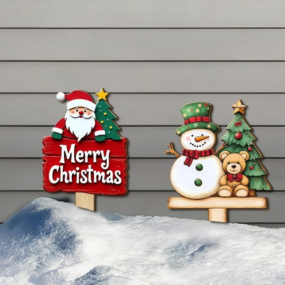Christmas Santa Claus And Snowman Wooden Welcome Sign,Cartoon Ground Stakes Sign,Wooden Yard Sign with Santa and Snowman for Festive Entrance Decor and Holiday Greeting
