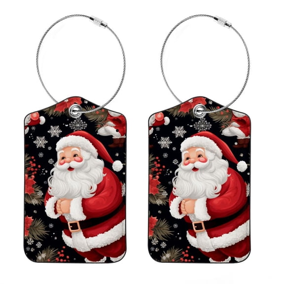Christmas Santa Claus Square PU Leather Luggage Tags, 2 Pack, with Privacy Cover and Stainless Steel Ring - Suitable for Travel, Backpack, Handbag - Bag Tags, Handbag Tags