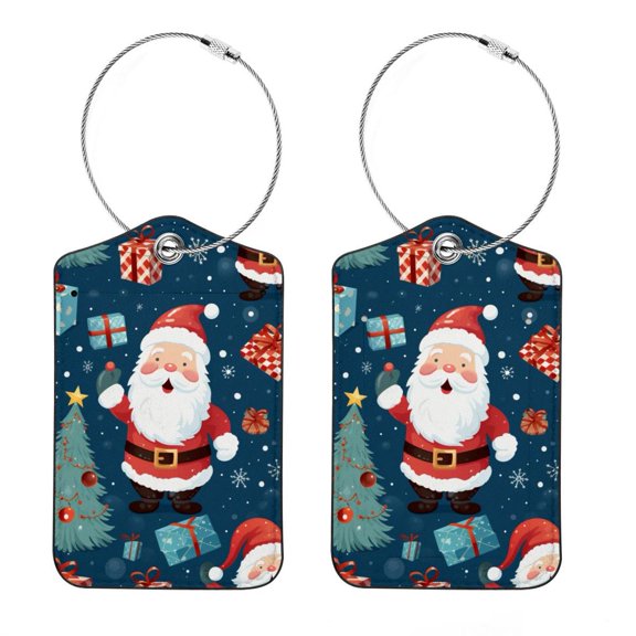 Christmas Santa Claus Square PU Leather Luggage Tags - 2 Pack with Privacy Cover and Stainless Steel Ring - Suitable for Travel, Backpack, Handbag - Suitcase Tags, Travel Tag