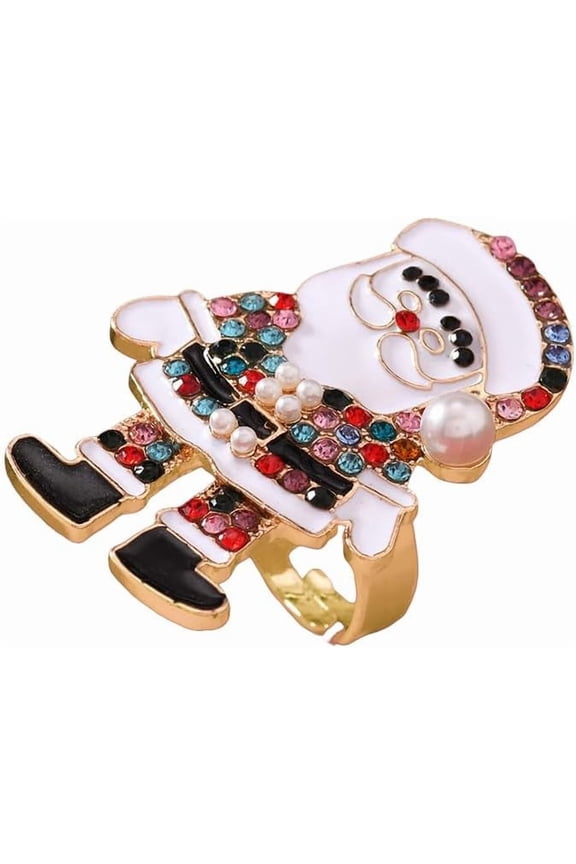 Christmas Santa Claus Statement Open Ring - Rhinestone Colorful CZ Elegant Pearl Mrs Claus Xmas Holiday Party Costume Decor Adjustable Finger Rings Promise Band Exaggerated Cute Jewelry for Women