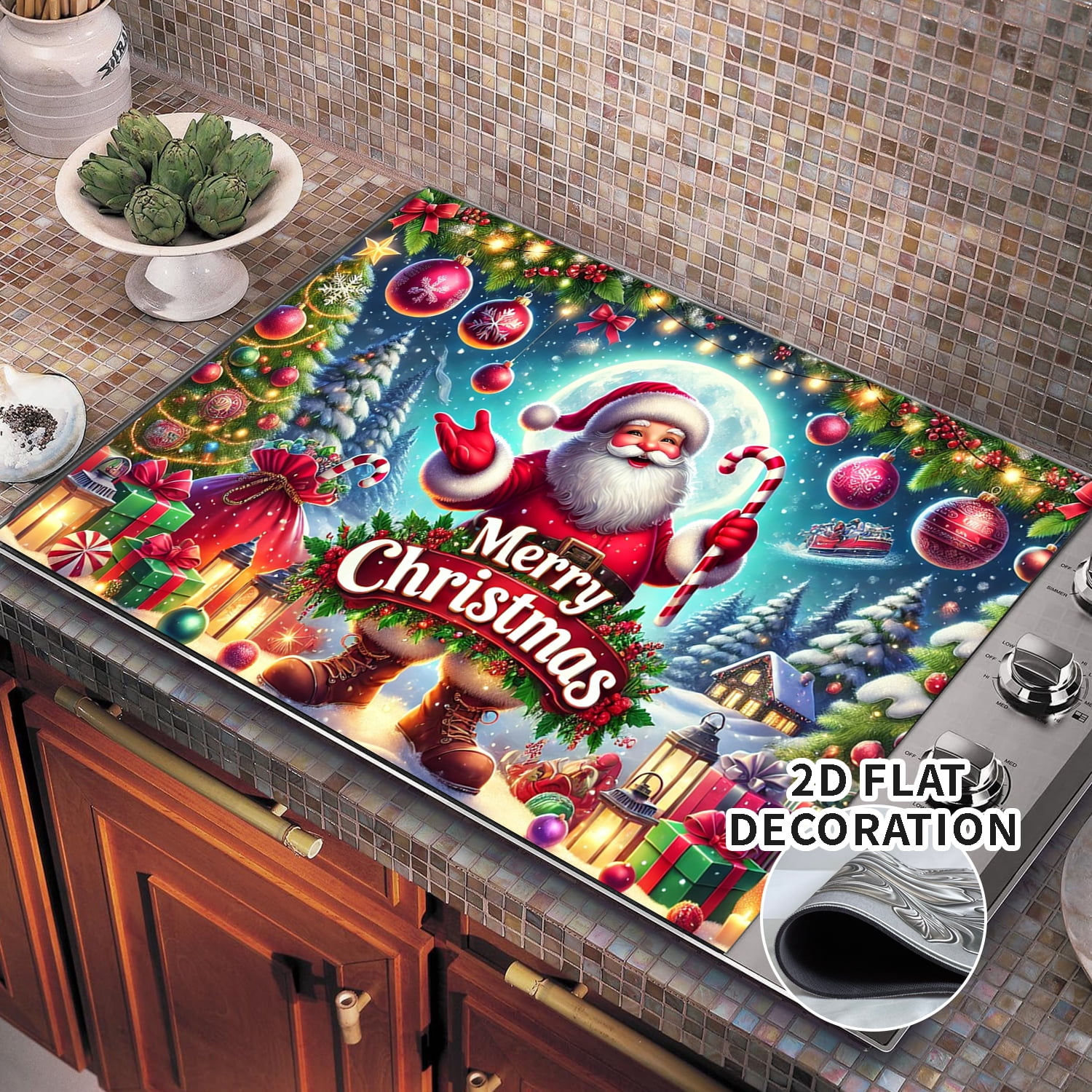 Christmas Santa Claus Stove Cover, Winter Stove Top Cover for Kitchen Decor Electric Stove Pad Xmas Party Non-Stick Gas Burners Covers Washable Countertop Protector Keep Stove Clean