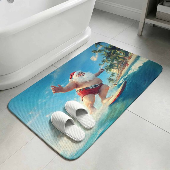Christmas Santa Claus Surfing Door Mat,Indoor Outdoor Welcome Doormat Waves Beach Coconut Trees Absorbent Linen Front Door Mats Non-Slip Entrance Rug for Kitchen Bathroom Entryway,16x24in
