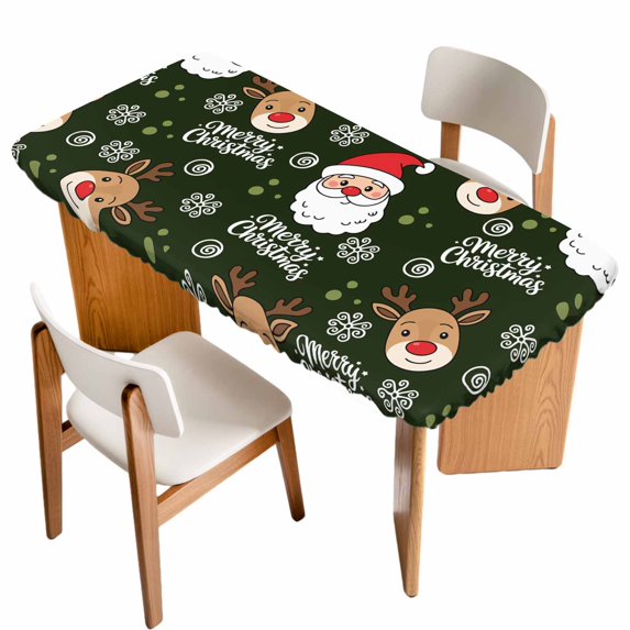 Christmas Santa Claus Table Cloths for 6 Foot Rectangle Tables, Cartoon Xmas Elk Snowflakes Black Patio Waterproof Elastic Fitted Tablecloths, Washable Rectangular Table Cover for Camping