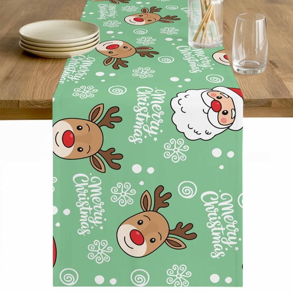Christmas Santa Claus Table Runner - 108 Inch Long Cartoon Xmas Elk Snowflakes Green Cotton and Linen Blended Dress Scarves Farmhouse Table Runner for Kitchen Dining, Coffee Table, 13" x 108"