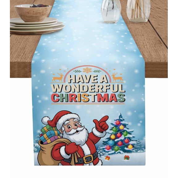 Christmas Santa Claus Table Runner 48 Inches, Sky Blue Winter Snowflakes Xmas Tree Bed Runner Dresser Scarves Tabletop for Indoor Outdoor Parties/Ceremony/Banquet, 13" x 48"