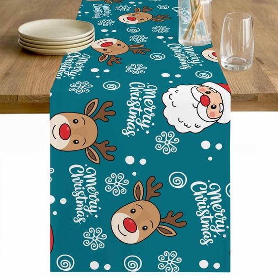 Christmas Santa Claus Table Runner - 72 Inch Long Cartoon Xmas Elk Snowflakes Blue Cotton and Linen Blended Dress Scarves Farmhouse Table Runner for Kitchen Dining, Coffee Table, 13" x 72"