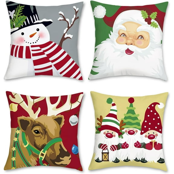 Christmas Santa Claus Throw Pillow Covers 18x18 Inch Christmas Gnomes Snowman Reindeer Decorative Pillows for Sofa Couch Winter Holiday Decor Set of 4