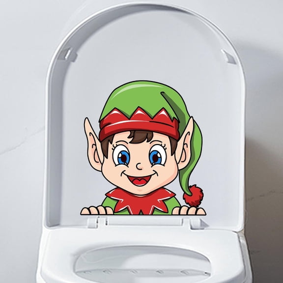 Christmas Santa Claus Toilet Cover Stickers, Waterproof Elk Reindeer Elf Toilet Lid Sticker, Xmas WC Toilet Seat Decal Bathroom Decoration (Long Eared Elf)