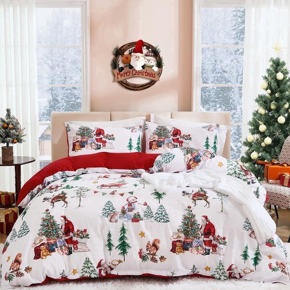 Christmas Santa Claus Tree Duvet Cover Set Queen Size Microfiber Xmas Bedding with Pillowcases Zipper Winter Holiday Decor