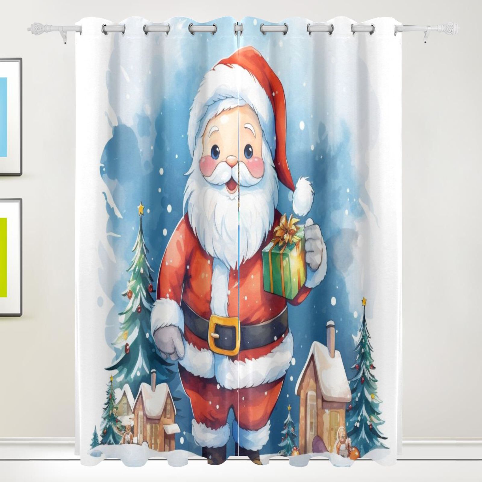 Christmas Santa Claus Trees Houses Black Out Curtains 72 Inch Length Curtains for Sliding Glass Doors Bedroom Living Room 2 Pack