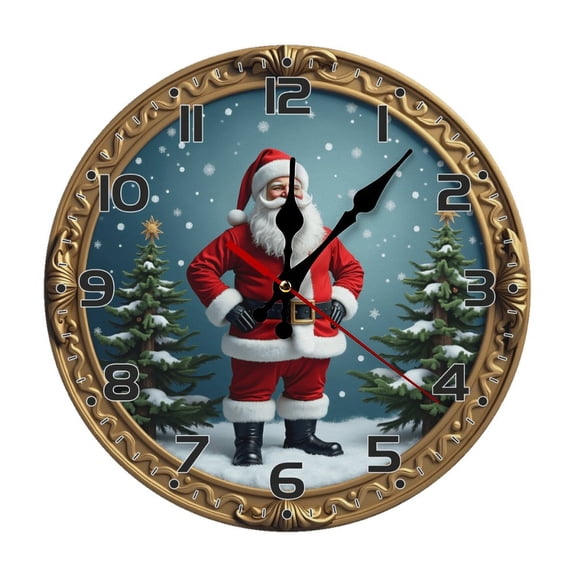 Christmas Santa Claus Wall Clock 10 Inch Silent Non Ticking Round Wooden Clock Decoration for Living Room Kitchen Bedroom Bathroom Office Classroom