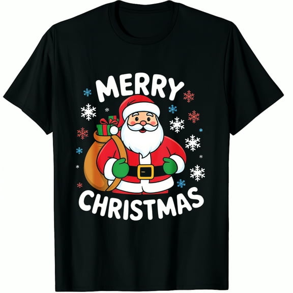 Christmas Santa Claus With Gift Bag And Snowflakes Merry Print Black Graphic T-Shirt for Men Women