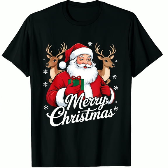 Christmas Santa Claus With Reindeer And Gift Box Print Merry Text Holiday Party Wear Black Graphic T-Shirt for Men Women Tops Tee