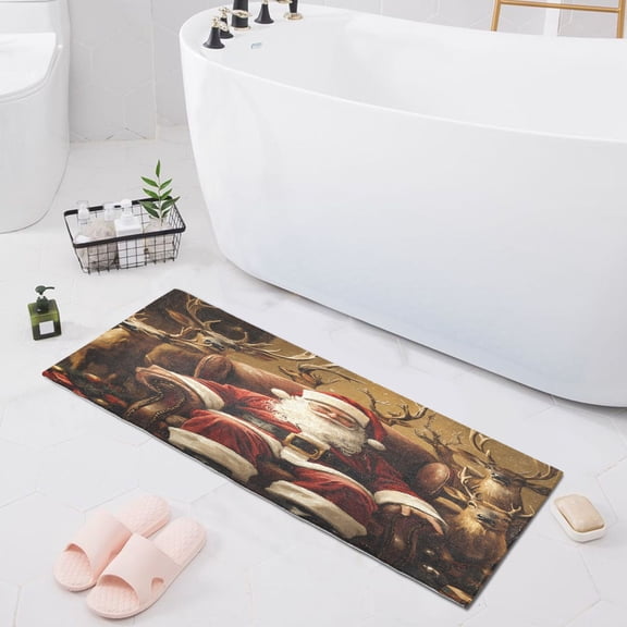 Christmas Santa Claus and Deers Bath Mat 39x20 Non-Slip Bathroom Rugs Absorbent Soft Plush Quick Dry for Tub Shower Kitchen Home Decor