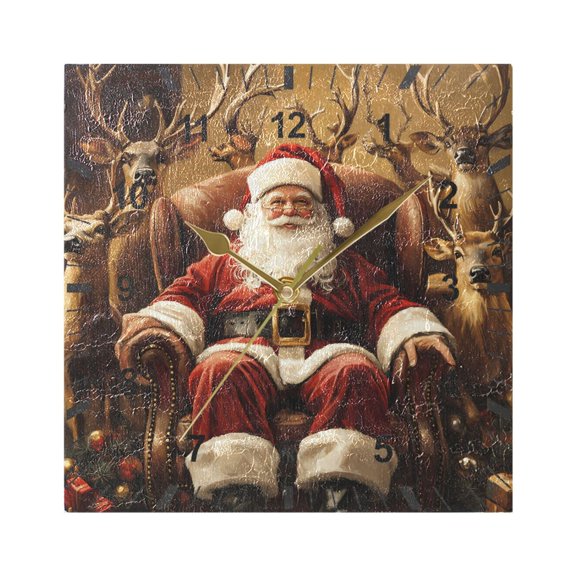 Christmas Santa Claus and Deers Wall Clock Battery Operated Silent Non-Ticking Bedroom Office Kitchen Home School Decor 7.8"(Gold)