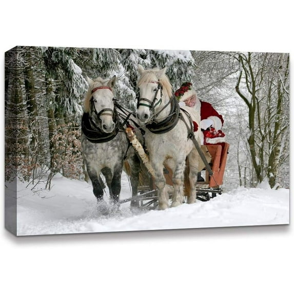 'Christmas Santa Claus' w/ Horses Canvas Wall Art Painting Artwork 16"x24"