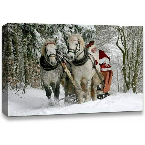 'Christmas Santa Claus' w/ Horses Canvas Wall Art Painting Artwork 24x36"