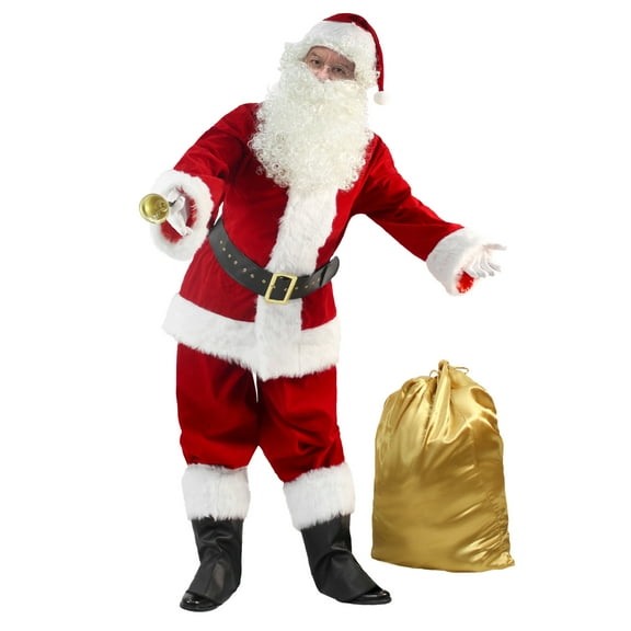 Christmas Santa Clause Costume For Men 11pcs Set Deluxe Velvet Adult Santa Suit -XL