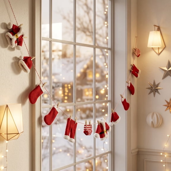 Christmas Santa Clothes Felt Garland, Mini Santa Outfit Banner with Clothespins for Fireplace Window Wall Mantel Holiday Party Decoration