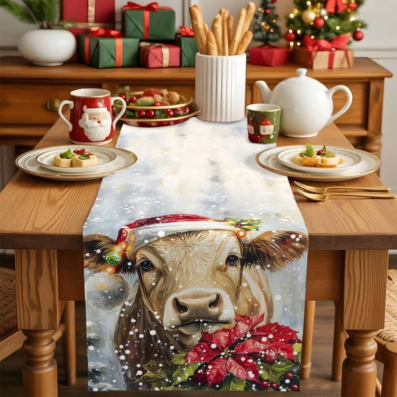 Christmas Santa Cow Pine Tree Poinsettia Table Runner 13x90in Non-Slip Cotton Linen Table Runners, Winter Snowy Dresser Scarves TableRunner for Dinner Kitchen Dining Wedding Party