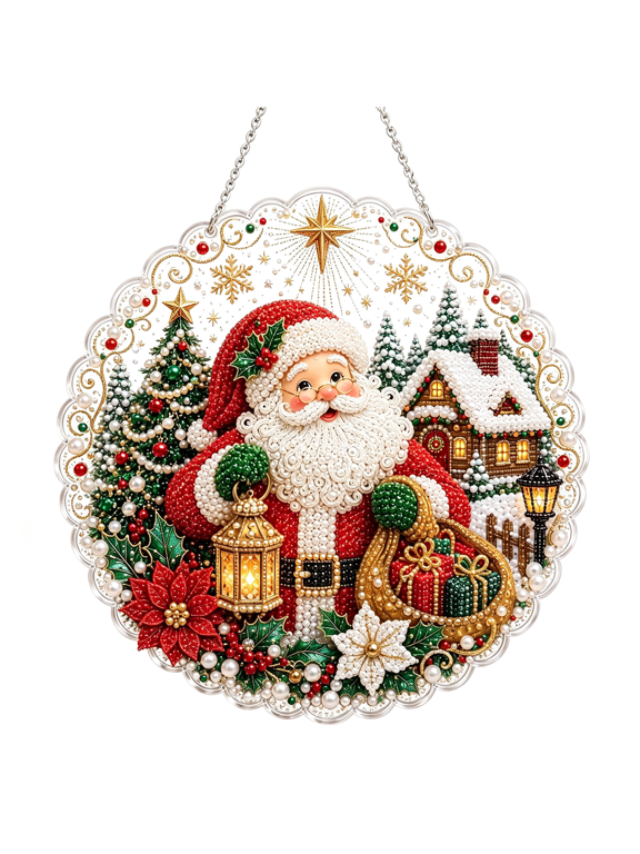 Christmas Santa Diamond Art Round Ornament Hanging Ornament, Acrylic Hanging Accent with Detailed Design, for Tree and Holiday Home Display