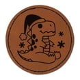 thumbnail image 1 of Christmas Santa Dinosaur T-Rex 2.5" Faux Leather Round Engraved Iron-On Patch - Brown, 1 of 6