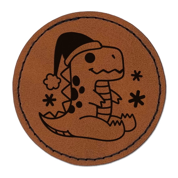 Christmas Santa Dinosaur T-Rex 2.5" Faux Leather Round Engraved Iron-On Patch - Brown