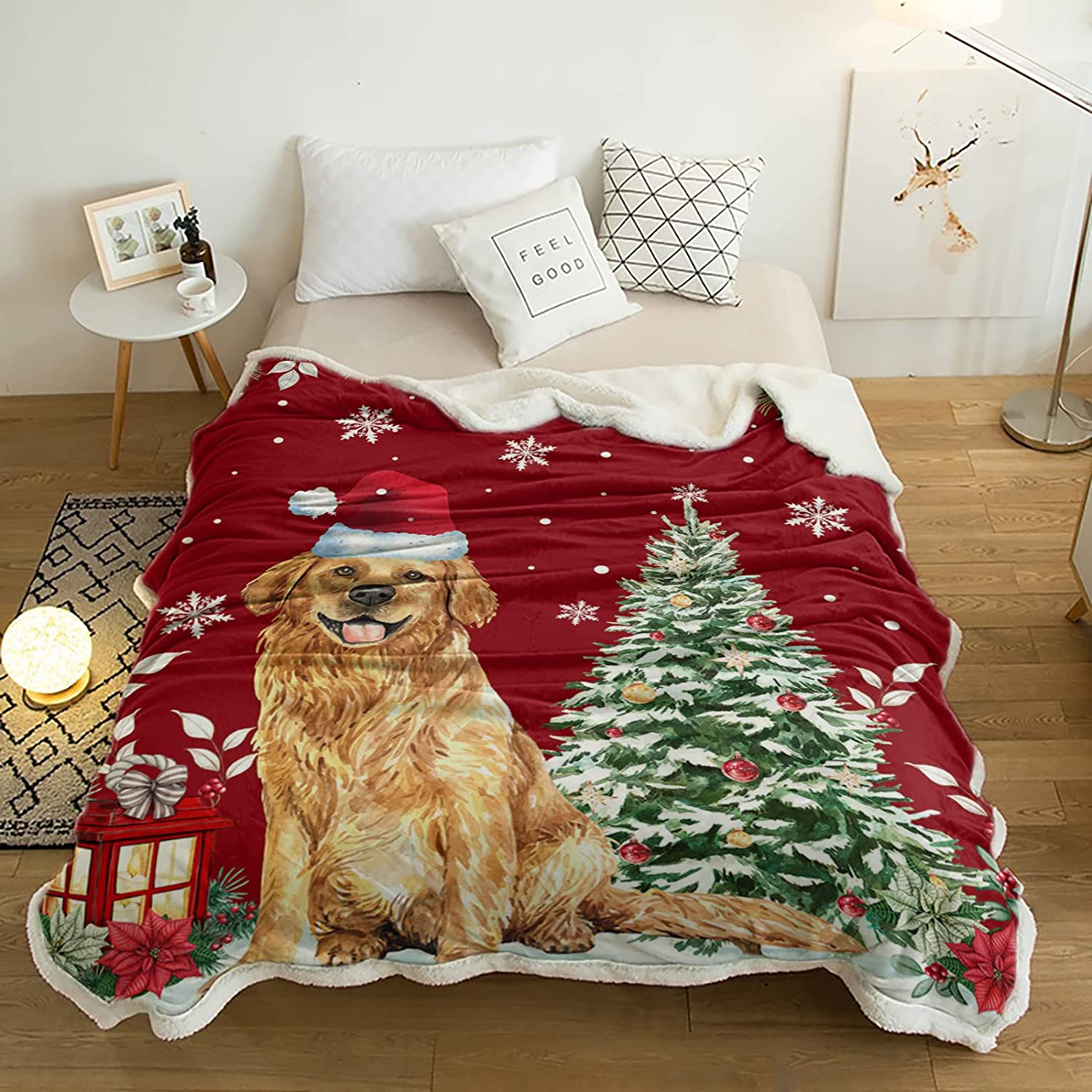 Christmas Santa Dog Sherpa Fleece Blanket, Warm Cozy Plush Flannel