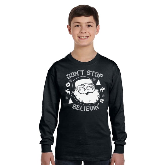 Christmas Santa Dont Stop Believin Xmas Long Sleeve Shirts for Kids - Youth XS S M L XL - Merry Christmas Holiday Funny Xmas Tee for Boys for Girls