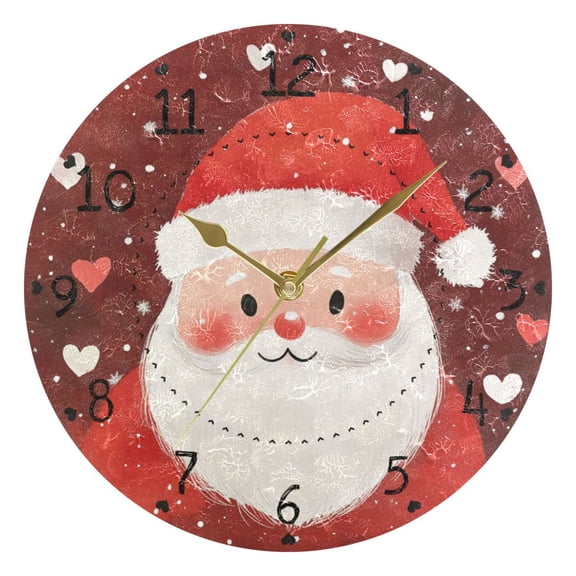 Christmas Santa Doodle Hearts Round Wall Clock Silent Analog Battery Operated Gold Pointer Home Decor 9.84" Diameter
