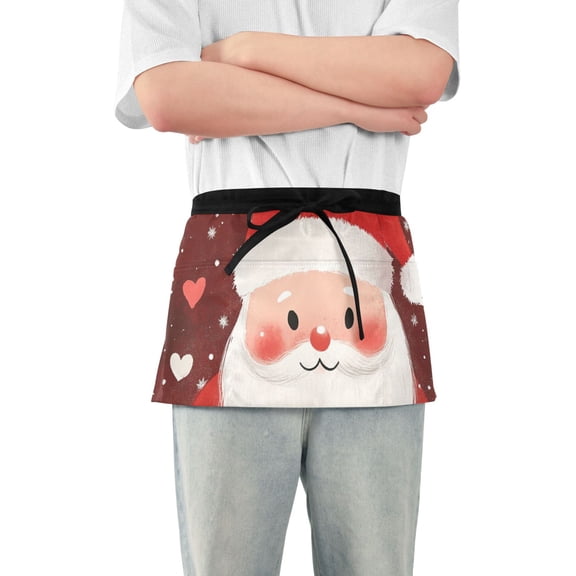 Christmas Santa Doodle Hearts Short Server Apron with 3 Pockets for Unisex Chef Gardening