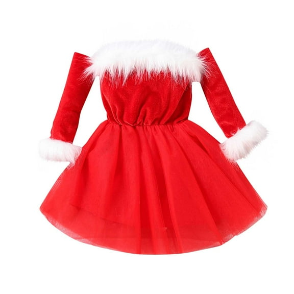 Christmas Santa Dress Girls Holiday Velvet Princess Dress Long Sleeve Off Shoulder Tulle Dresses Party Festive Outfits, Red, 6 Years