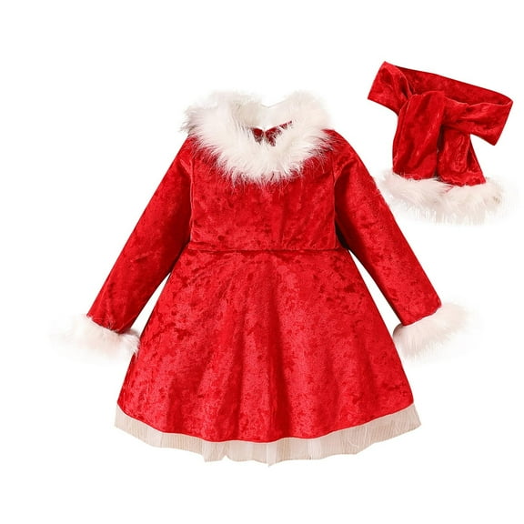 Christmas Santa Dress for Girls Holiday Velvet Princess Dress Long Sleeve Fur Trim Tunic Dresses Party Formal, Red, 18 Months