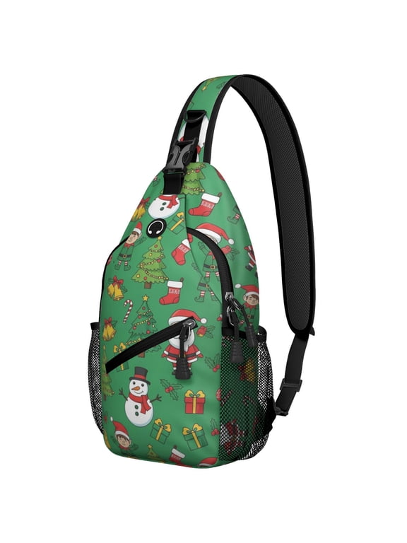 Christmas Santa Elf Gift Stocking Pattern Sling Backpack, Unisex Hiking Chest Pack with Side Mesh Pockets, Earphone Hole Port Gift Ideas for Holiday Birthday Gifts
