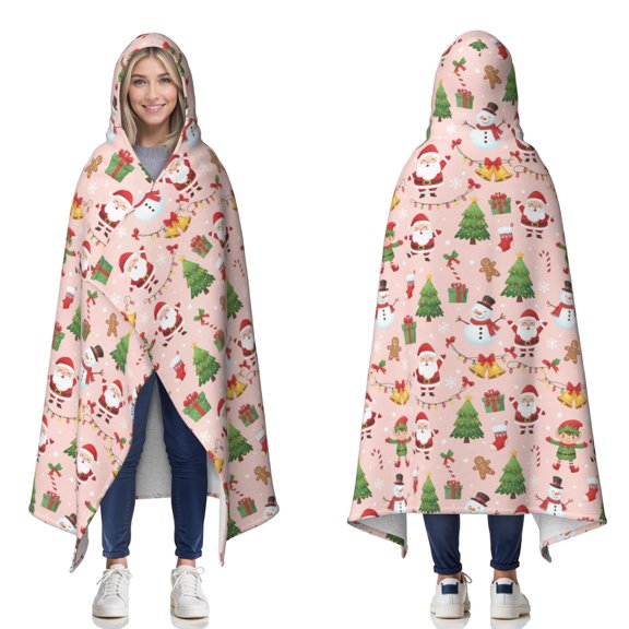 Christmas Santa Elf Snowman Pattern Double Layer Hooded Blanket, Camping Wearable Blanket with Hood & Reversible Design, Anti-Pill Anti-Static Gifts for Home Camping Travel Theater,50"x60"