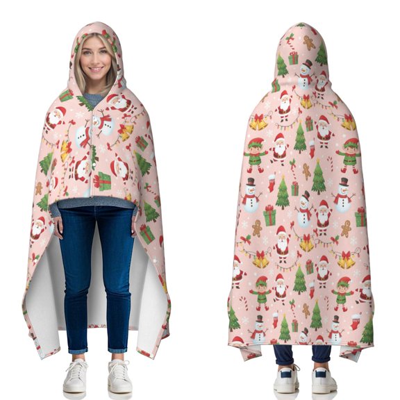 Christmas Santa Elf Snowman Pattern Hooded Flannel Blanket with Buttons, Home Theater Throw with Hood & Button Closure, Warm Thermal Gifts for Home Camping Travel Theater,50"x60"