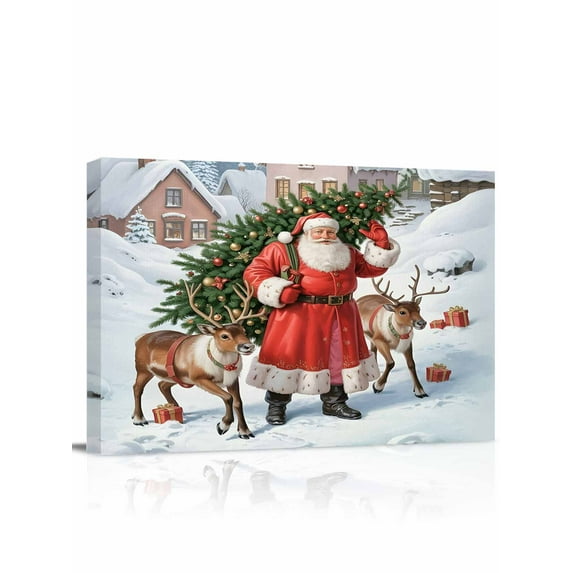 Christmas Santa Elk Canvas Print Wall Art Vintage Oil-Painting Style Xmas Tree Santa Elk Winter Snow Pictures Painting Morden Artwork for Living Room Bedroom, Ready to Hang - 12"x16"