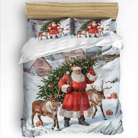 Christmas Santa Elk Twin Size Comforter Set, Vintage Oil-Painting Tree Elk Winter Snow Bedding for All Seasons, 4 Pcs Bed Set with 1 Comforter (68"x86") ,1Sheet(66"x116"), 2 Pillowcases (19"x29")