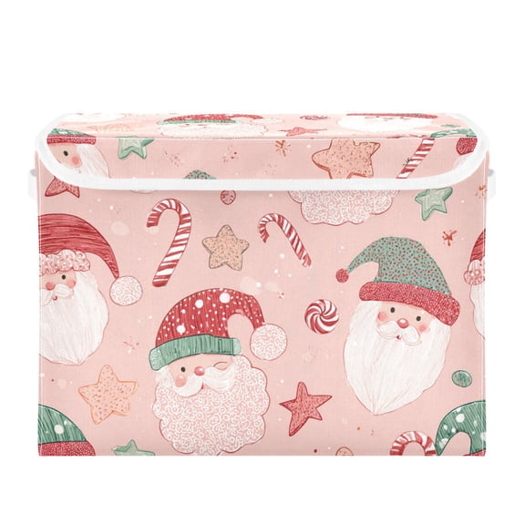 Christmas Santa Face Stars Candy Cane Foldable Storage Bins with Lids Handles Collapsible Storage Containers Tote Boxes 16.5 x 12.6 x 11.8 inches