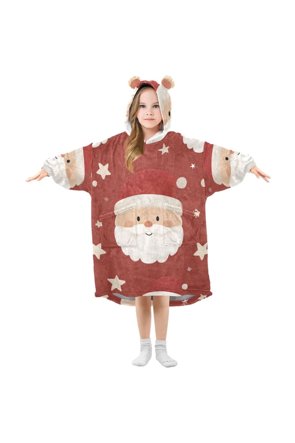 Christmas Santa Faces with Dots and Stars Flannel Wearable Blankets Hooded Design Long Sleeves Wrap Unisex for 3T-14Y L