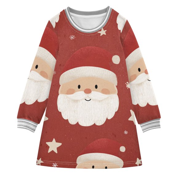 Christmas Santa Faces with Dots and Stars Long-sleeved Dress A-line One-Piece Dress for 2-8 Years Casual Party 4T
