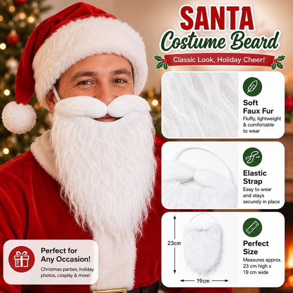 Christmas Santa Fake Beard, Fluffy White Faux Fur Costume Beard with Elastic Band, Holiday Party Cosplay Accessory for Adults