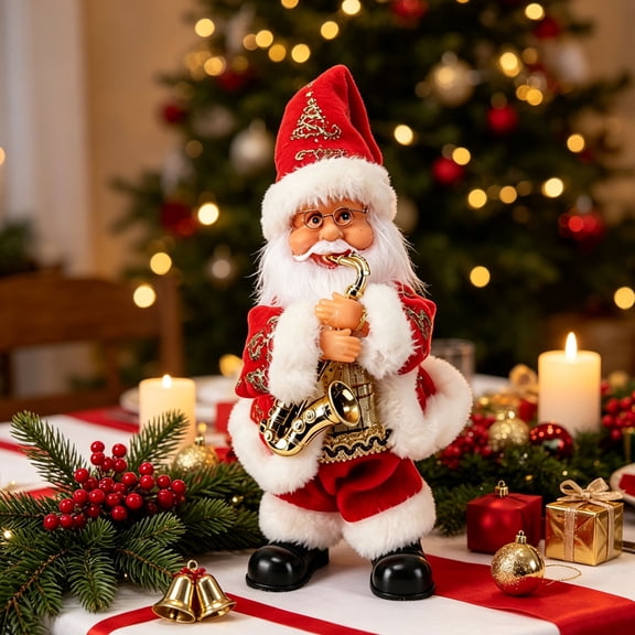 Christmas Santa Figurine Animated Dancing Santa Doll Saxophone Musical Electric White Faux Fur Tabletop Holiday Decor